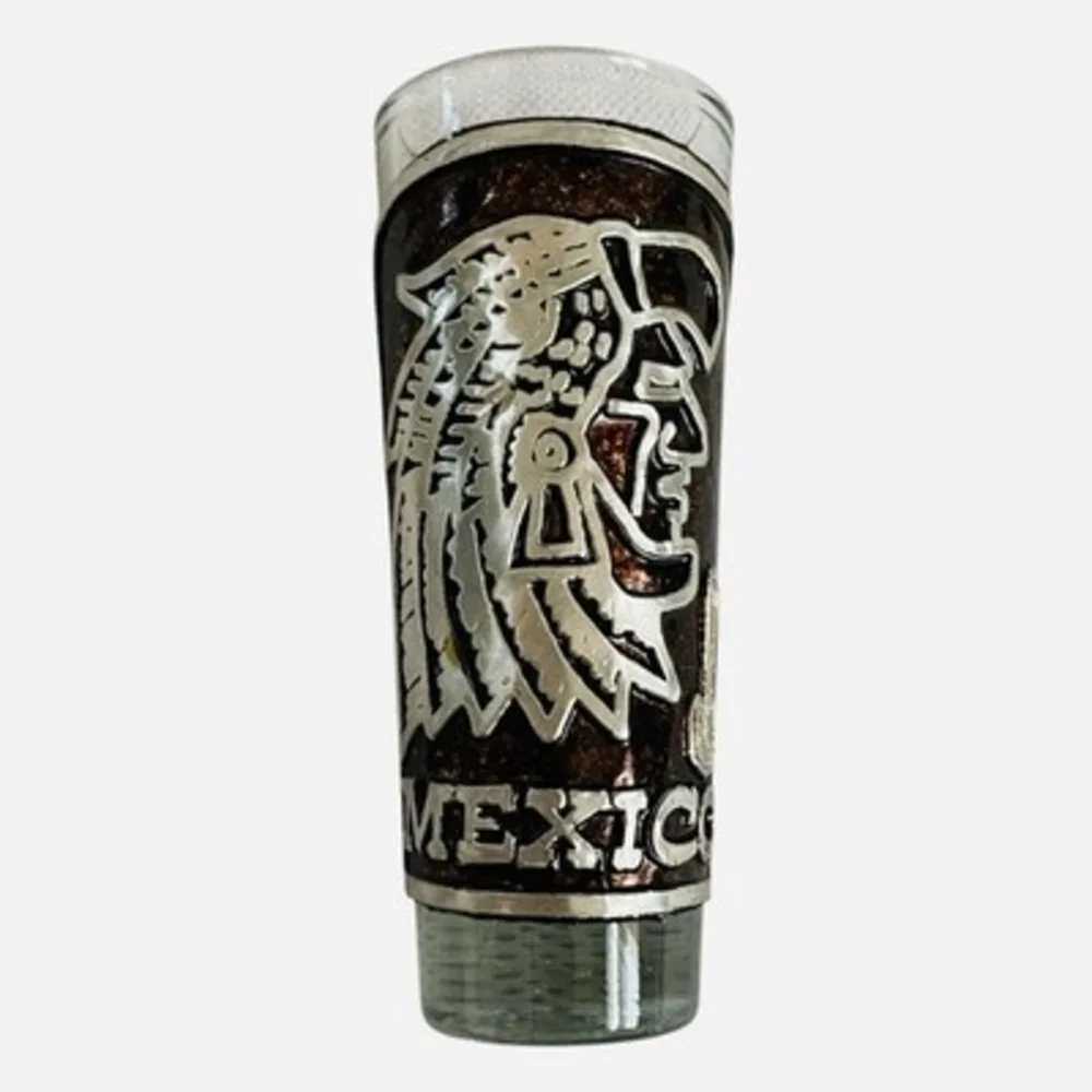 Vintage Mexico Souvenir Shot Glass Aztec Warrior Metal Wrap 4